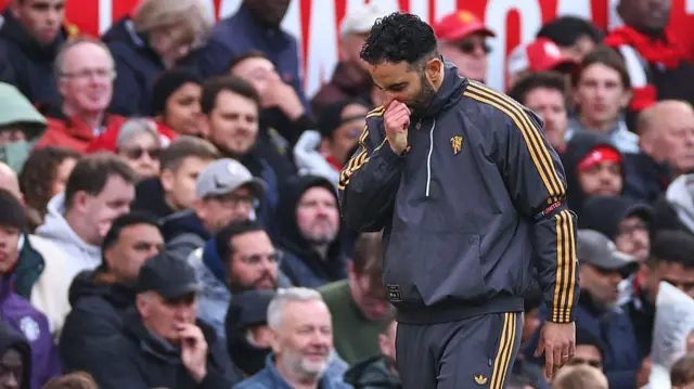 Manchester United head coach Ruben Amorim reacts