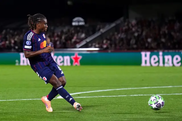 OL Lyonnes' Melchie Dumornay scores their side's first goal of the game during the UEFA Women's Champions League match at Meadow Park,