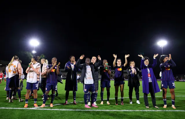 Players of OL Lyonnes applaud the fans following the UEFA Women's Champions League 2025/26 league phase match between Arsenal FC and OL Lyonnesat Meadow Park on October 07, 2025 in Borehamwood, England.