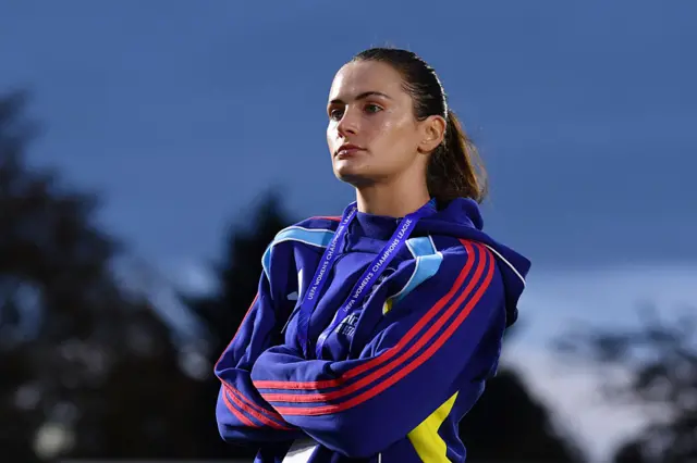 Emily Fox of Arsenal inspects the pitch prior to the UEFA Women's Champions League 2025/26 league phase match between Arsenal FC and OL Lyonnesat Meadow Park on October 07, 2025 in Borehamwood, England.