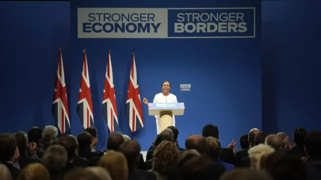 Conservative Party leader Kemi Badenoch delivers her keynote speech to the Conservative Party Conference at the Manchester Central Convention Complex.