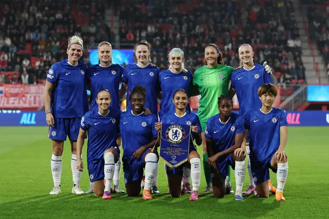 The Chelsea team pose for a photo on the pitch prior to the UEFA Women's Champions League 2025/26 league phase match between FC Twente and Chelsea FC Women at De Grolsch Veste on October 08, 2025 in Hengelo, Netherlands.