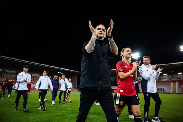Manager Marc Skinner of Manchester United applauds the fans after the UEFA Women's Champions League 2025/26 Play Off between Manchester United v SK Brann at Leigh Sports Village on September 18, 2025 in Leigh, England.