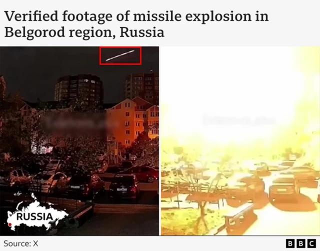 Two screenshots from the video showing a missile in the air and then a large explosion