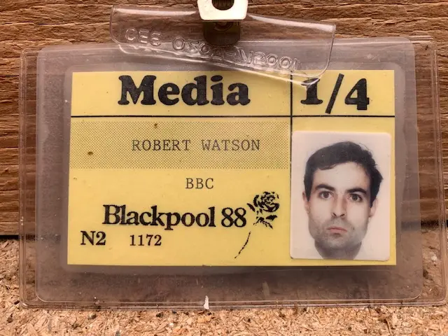 Picture of Robert Watson's media ID, representing the BBC at Labour's party conference in Blackpool in 1988.