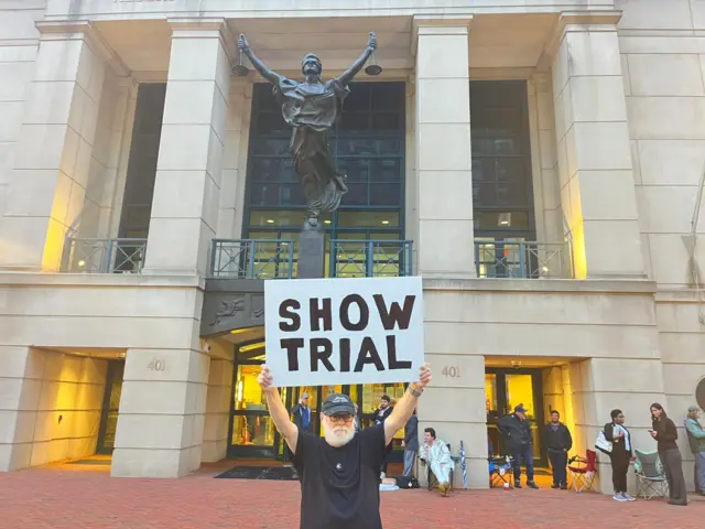 Protester outside court