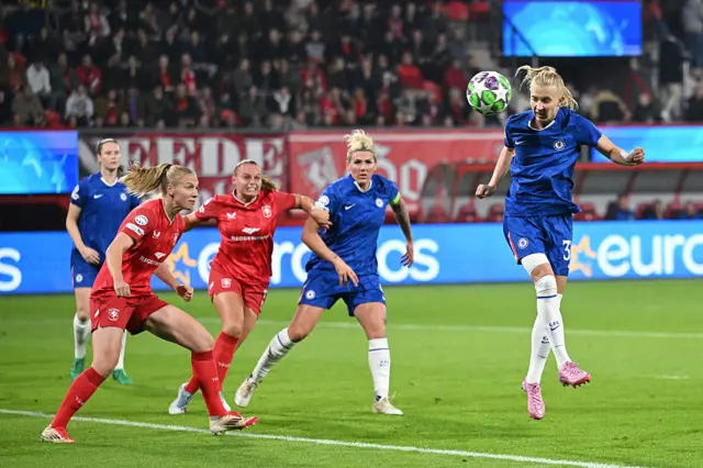 Aggie Beever-Jones of Chelsea heads the ball during the UEFA Women's Champions League 2025/26 league phase match between FC Twente and Chelsea FC Women at De Grolsch Veste on October 08, 2025 in Hengelo, Netherlands.