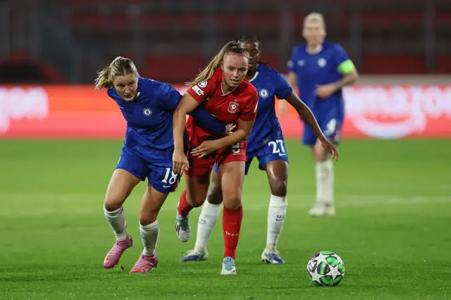 Wieke Kaptein of Chelsea and Danique van Ginkel of FC Twente battle for the ball during the UEFA Women's Champions League 2025/26 league phase match between FC Twente and Chelsea FC Women at De Grolsch Veste