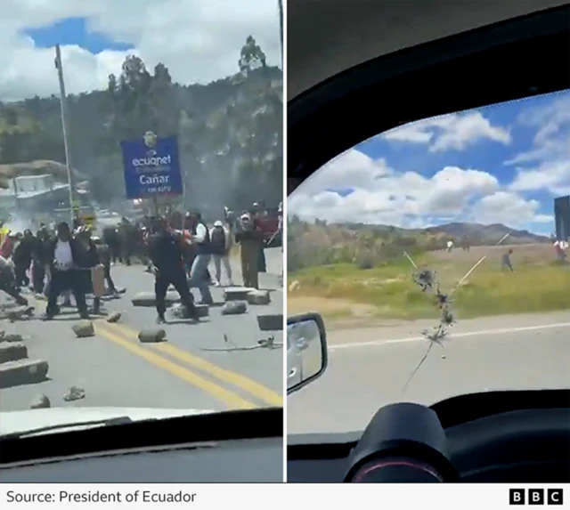 Two screenshots from a video placed side-by-side. The first picture shows a crowd of people in a road throwing stones and the second picture shows a series of bullet holes in a car window