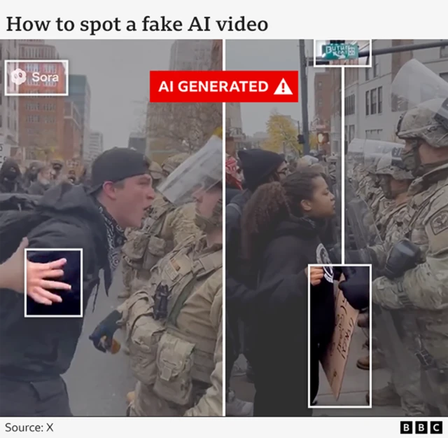 Graphic with screenshots of an AI video of protesters shouting at ICE agents. Labelled elements marking it as AI are a Sora watermark, a hand with 6 fingers and garbled text on a protest sign and a road sign.