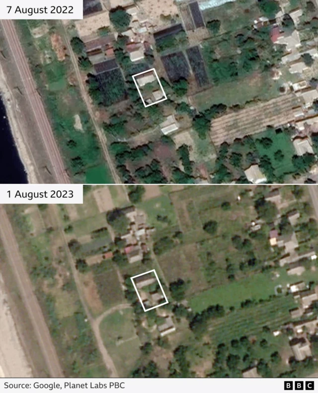 A comparison graphic of satellite images of Verkhnya Krynytsya, highlighting the house on 7 August 2022. In the second picture from 1 August 2023 a dirt track leading up to it is there and surrounding vegetation is no longer there.