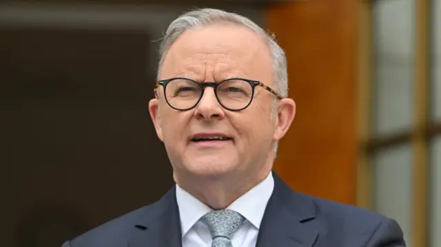 Anthony Albanese, wearing dark suit and glasses