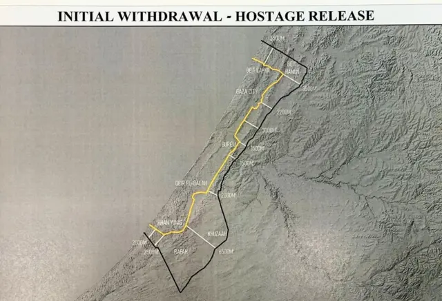 A map of Gaza with a yellow line running through it. In the North it runs from east the Mediterranean sea to Beit Hanoun, then heads south through Gaza City, Bureiji, Deir El-Balah and Khan Younis to Rafah, were it heads west back to the Mediterranean Sea. CREDIT: White House