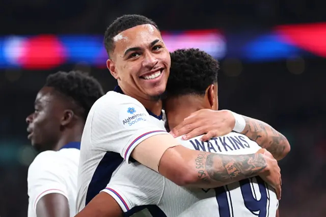 Morgan Rogers of England celebrates with Ollie Watkins