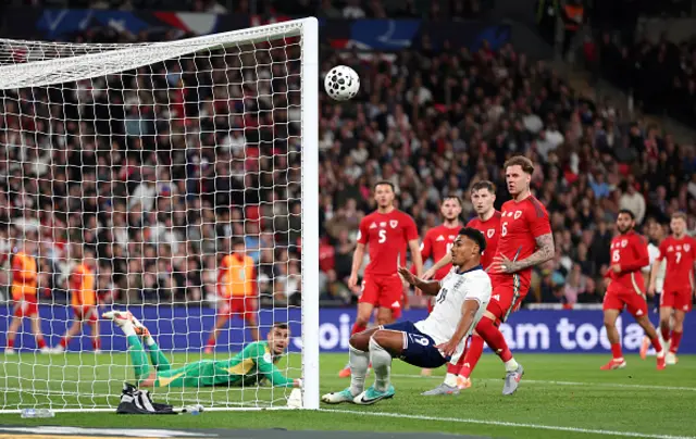 Ollie Watkins of England misses a chance