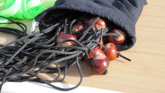 A bag of conkers, with leather straps, in a bag, sat on a table.