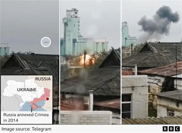 A graphic showing three images from the video: the drone (circled); an explosion near what looks like a grain store; a plume of smoke at the same location