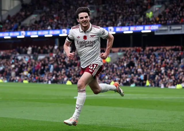 Declan Rice of Arsenal celebrates scoring his team's second goal during the Premier League match between Burnley and Arsenal at Turf Moor on November 01, 2025 in Burnley, England.
