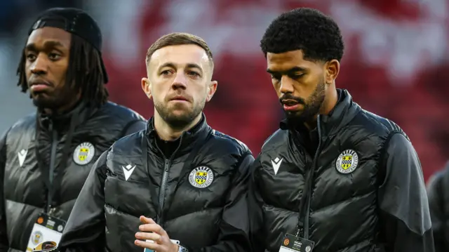 St Mirren's Miguel Freckleton (R) and Connor McMenamin (L) before a Premier Sports Cup Semi-Final match between Motherwell and St Mirren at Hampden Park