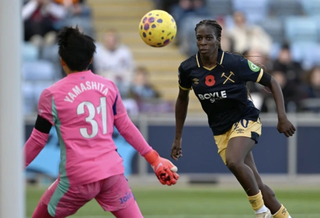 West Ham United's Viviane Asseyi hits the crossbar