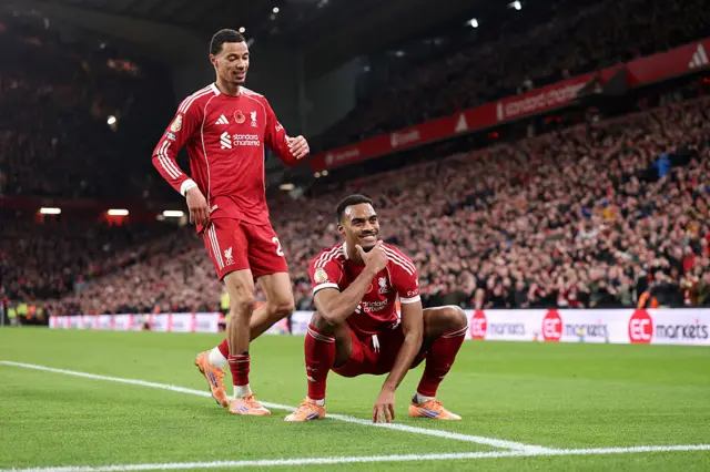 Ryan Gravenberch of Liverpool celebrates scoring his team's second goal during the Premier League match between Liverpool and Aston Villa at Anfield on November 01, 2025 in Liverpool, England.
