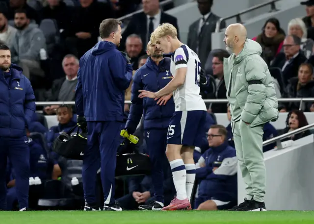 Tottenham Hotspur's Lucas Bergvall after being substituted due to an injury
