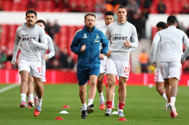 Nottingham Forest's Morgan Gibbs-White and Nikola Milenkovic during the warm up before the match