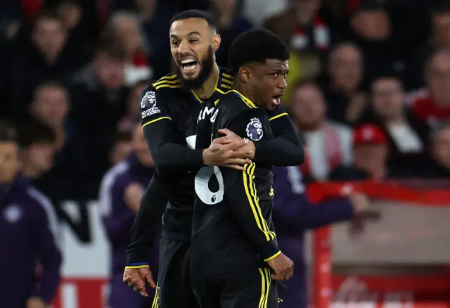 Amad Diallo and Noussair Mazraoui celebrate