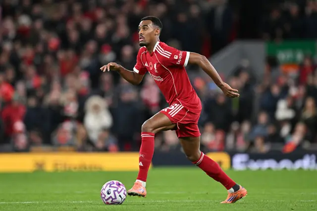Ryan Gravenberch of Liverpool runs with the ball during the Premier League match between Liverpool and Aston Villa at Anfield on November 01, 2025 in Liverpool, England.