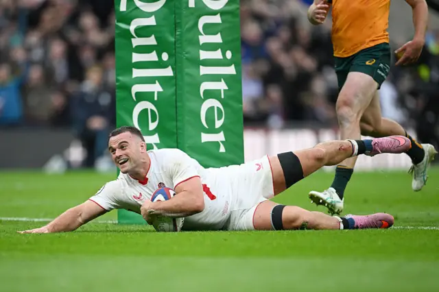 Ben Earl of England celebrates scoring his team's first try during the Quilter Nations Series 2025