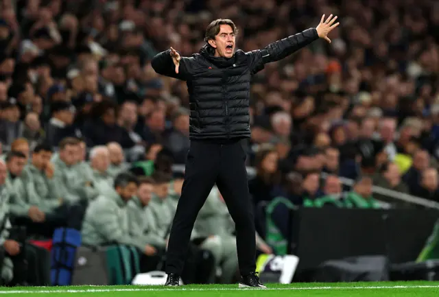 Thomas Frank, Manager of Tottenham Hotspur, reacts during the Premier League match between Tottenham Hotspur and Chelsea at Tottenham Hotspur Stadium on November 01, 2025 in London, England