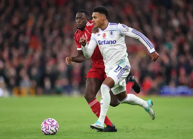 Ollie Watkins of Aston Villais challenged by Ibrahima Konate of Liverpool during the Premier League match between Liverpool and Aston Villa at Anfield on November 01, 2025 in Liverpool, England.