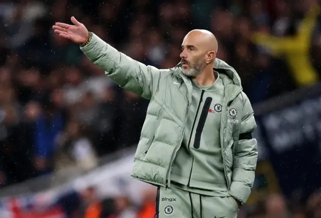 Chelsea manager Enzo Maresca gestures during the English Premier League match between Tottenham Hotspur and Chelsea FC in London, Britain, 01 November 2025.