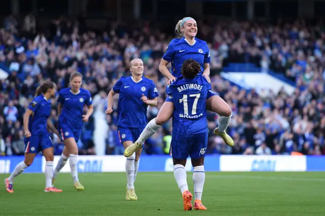 Ellie Carpenter of Chelsea celebrates with teammate Sandy Baltimore