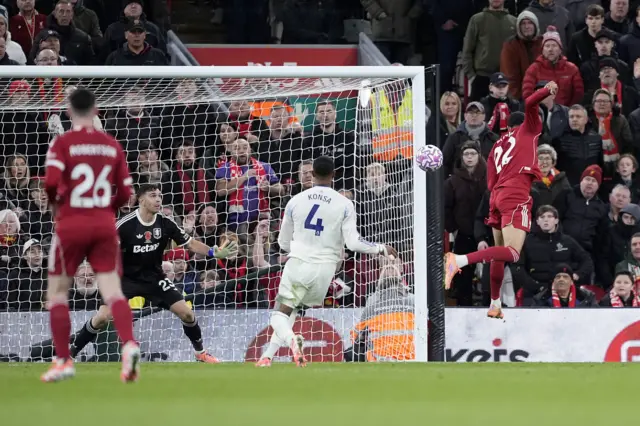 Liverpool's Hugo Ekitike (right) scores only for the goal to be ruled out for offside following a var check during the Premier League match at Anfield, Liverpool.