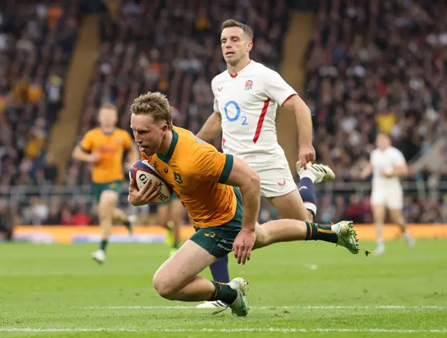 Harry Potter of Australia scores his team's first try during the Quilter Nations Series 2025