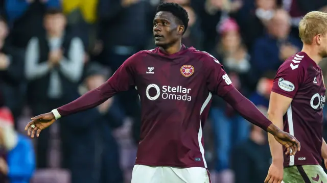 Pierre Landry Kabore celebrates after scoring for Hearts against Dundee