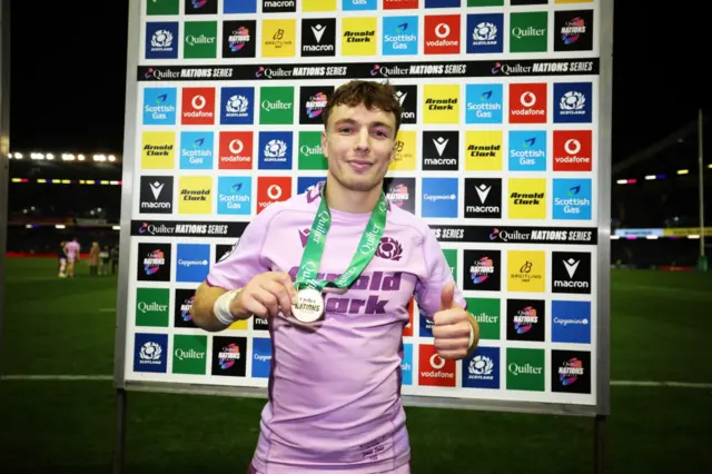 Jamie Dobie with his Player of the Match medal