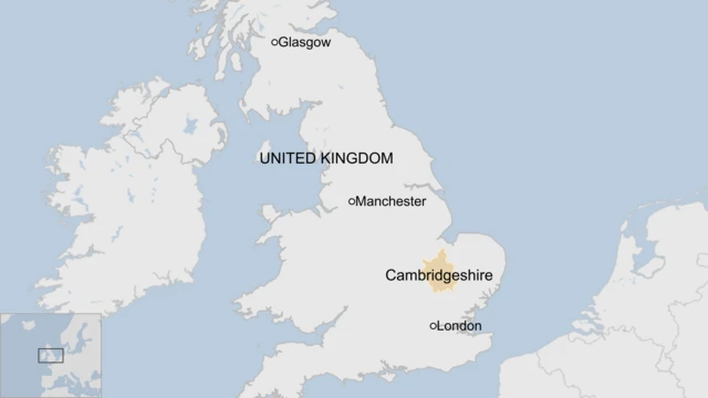 A map shows where Cambridgeshire is, in between London and Manchester on a map of the UK