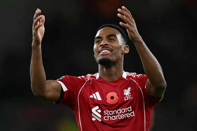 Liverpool's Dutch midfielder #38 Ryan Gravenberch celebrates scoring his team's second goal