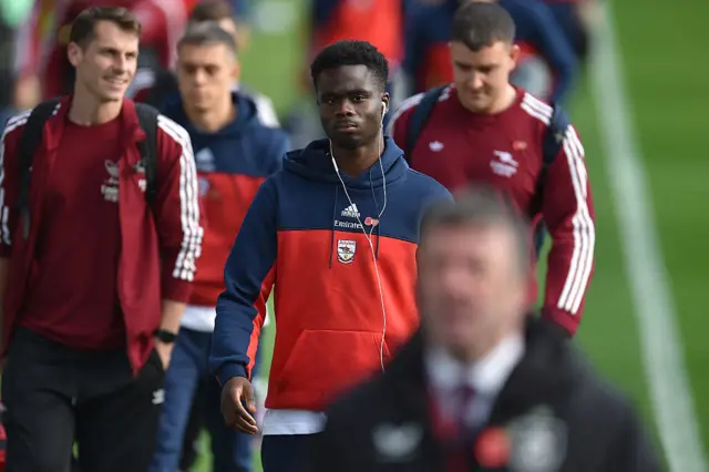 Arsenal's English midfielder #07 Bukayo Saka arrives ahead of the English Premier League football match between Burnley and Arsenal
