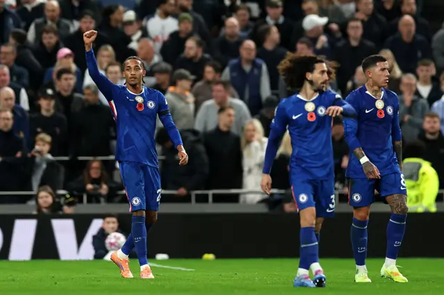 Joao Pedro of Chelsea celebrates after he scored for 0-1 during the Premier League match between Tottenham Hotspur and Chelsea at Tottenham Hotspur Stadium on November 1, 2025 in London, England.