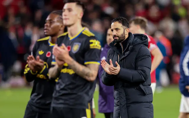Manchester United manager Ruben Amorim applauds the fans at the final whistle of the Premier League match between Nottingham Forest and Manchester United at City Ground on November 1, 2025 in Nottingham, England.