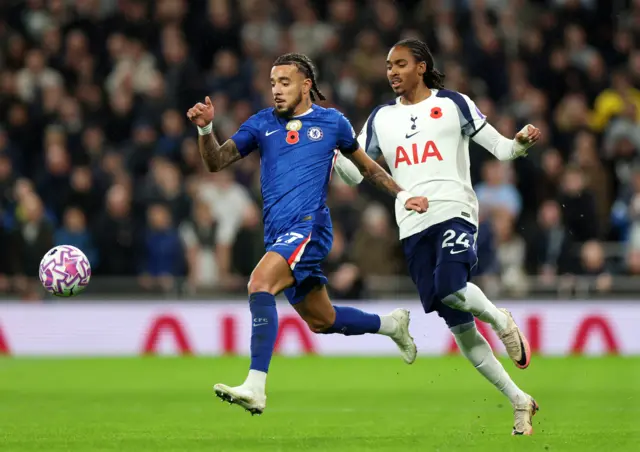 Chelsea's Malo Gusto (L) vies for the ball with Tottenham's Djed Spence (R) during the English Premier League match between Tottenham Hotspur and Chelsea FC in London, Britain, 01 November 2025.