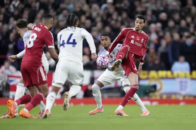 Liverpool's Hugo Ekitike (right) and Aston Villa's Ezri Konsa battle for the ball during the Premier League match at Anfield, Liverpool. Picture date: Saturday November 1, 2025.