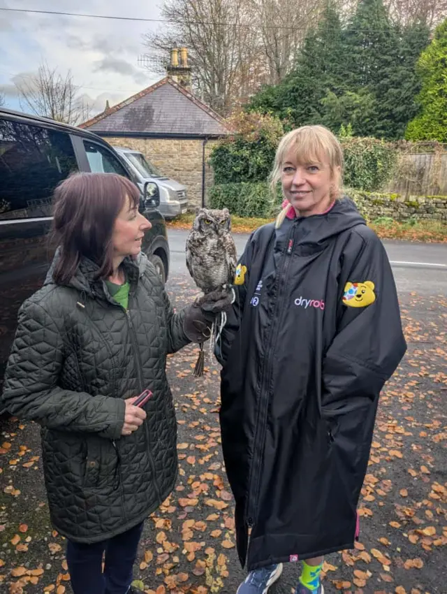 Sara with Louis the Owl and Mandy, his handler`