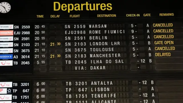 A departure board at Brussels Airport showing flights being cancelled or delayed as a result of drone activity on 4 November