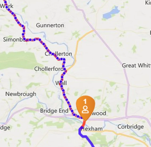Sara approaching Hexham on the map