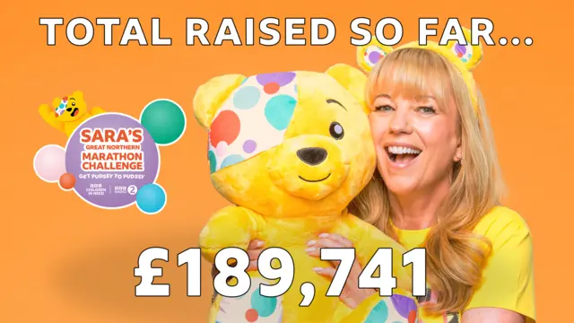 A graphic of Sara holding Pudsey with the total £189,741 written over the top