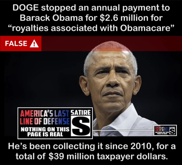 The original post with the false claim about Obama. We have enlarged and highlighted the disclaimer from America's Last Line of Defense saying '"satire" and "nothing on this page is real"
